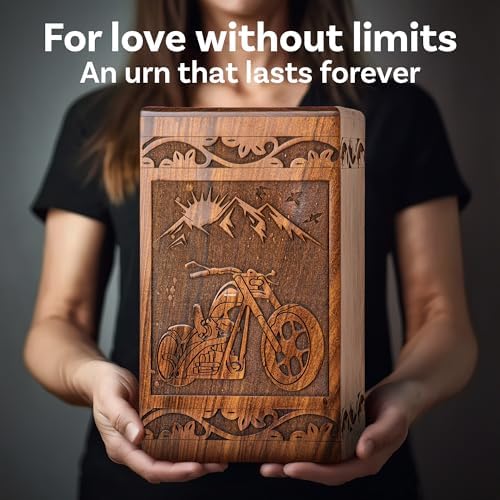Handcarved Wooden Cremation Urn - Motorcycle Design 640lbs Capacity