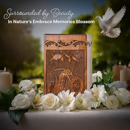 Handcarved Wooden Cremation Urn - Motorcycle Design 640lbs Capacity