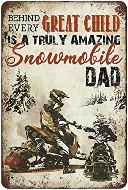 Metal Tin Sign Behind Great Child is Snowmobile Dad