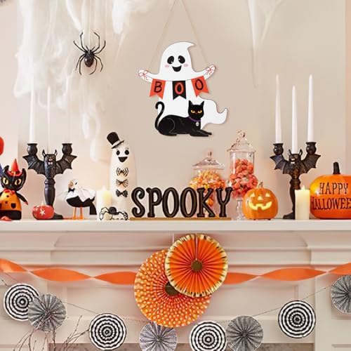 Halloween Wooden Ghost Door Wreath with BOO Sign