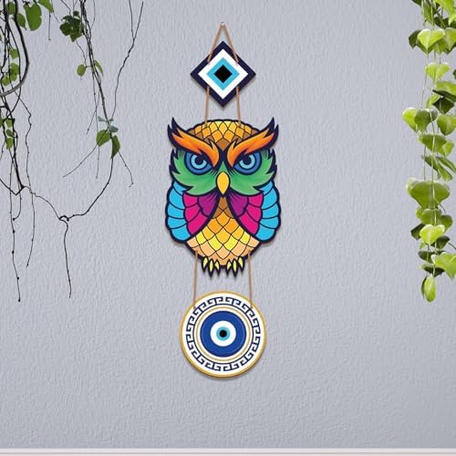 Wooden Owl Wall Hanging with Evil Eye Design