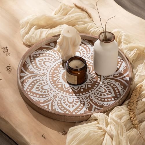 13 Inch Round Decorative Tray with Wooden Beads Garland
