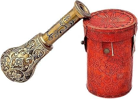 Decorative Brass Telescope with Floral Etchings and Red Leather Case