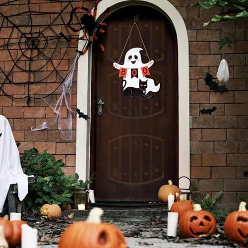 Halloween Wooden Ghost Door Wreath with BOO Sign