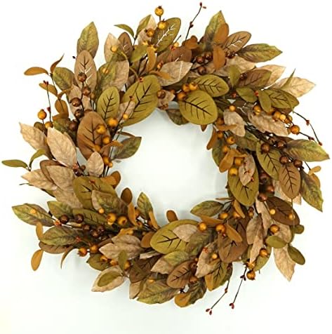20 Inch Fall Wreath with Brown Magnolia Leaves and Small Pomegranates