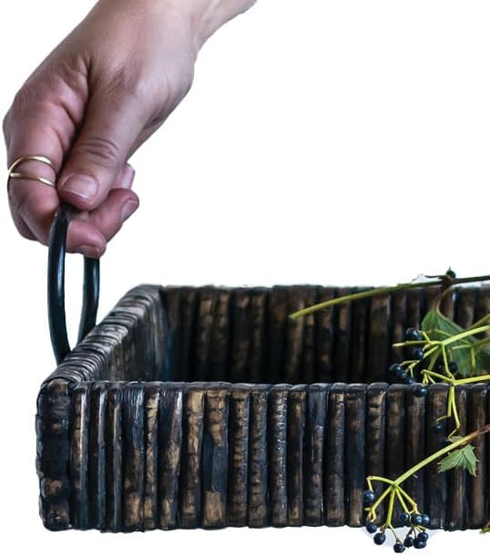 Creative Co Op Black Rattan Wood Tray with Handles