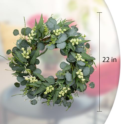 MagicWreath 22 Inch Artificial Green Eucalyptus Wreath with White Berries