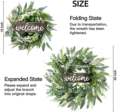Sggvecsy Green Artificial Wreath with Welcome Sign 20in Decor