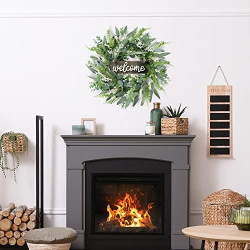 Sggvecsy Green Artificial Wreath with Welcome Sign 20in Decor