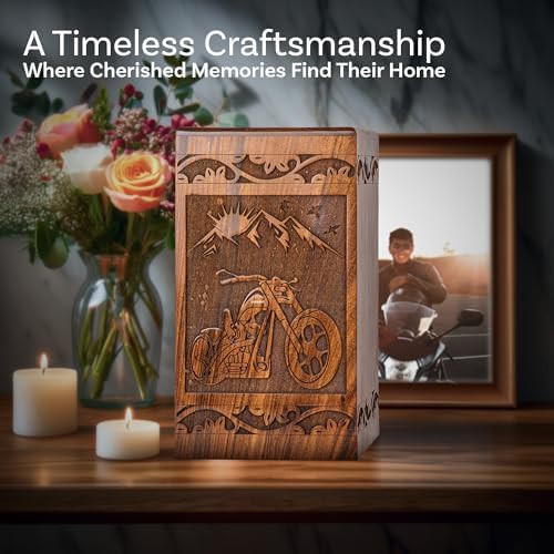 Handcarved Wooden Cremation Urn - Motorcycle Design 640lbs Capacity