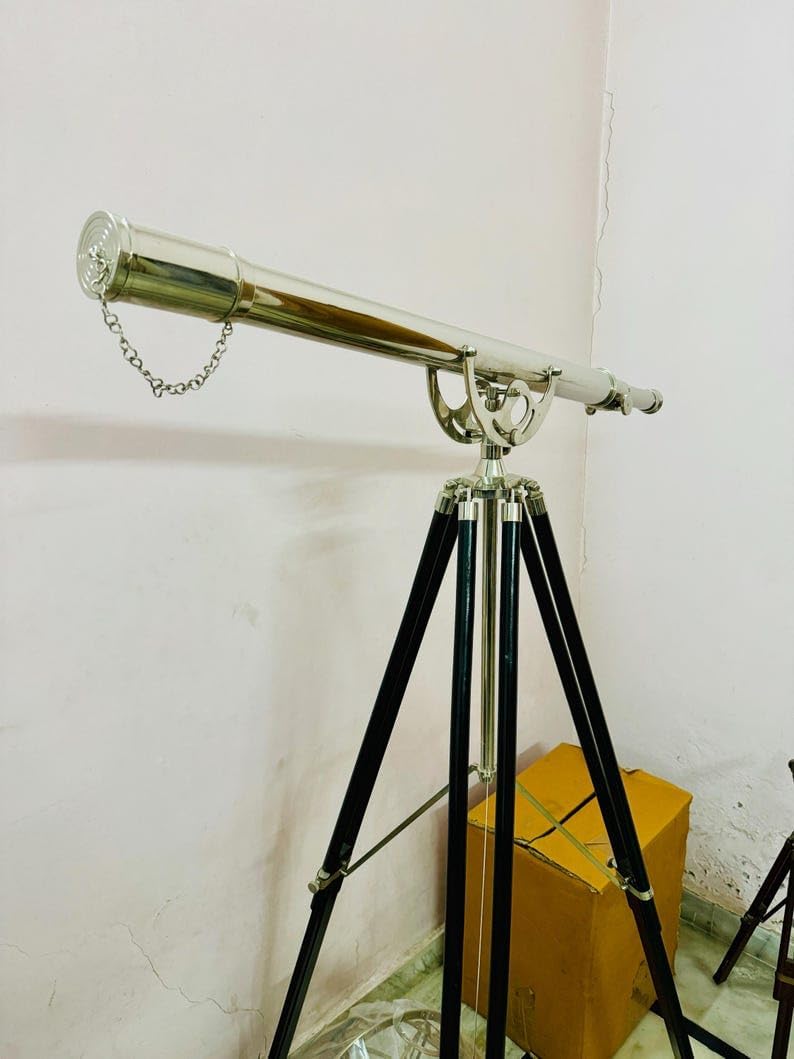 1 Meter Brass Telescope with Silver Chrome Finish and Wooden Tripod Stand