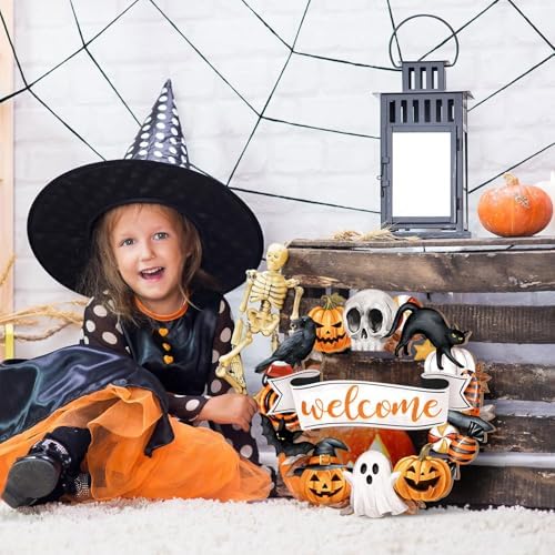 Halloween Wood Wreath with Ghost Black Cat Pumpkin Skull Welcome Sign