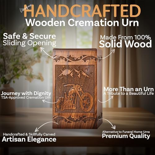 Handcarved Wooden Cremation Urn - Motorcycle Design 640lbs Capacity