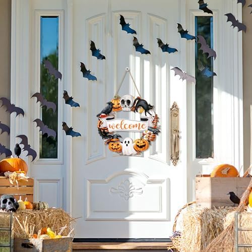 Halloween Wood Wreath with Ghost Black Cat Pumpkin Skull Welcome Sign
