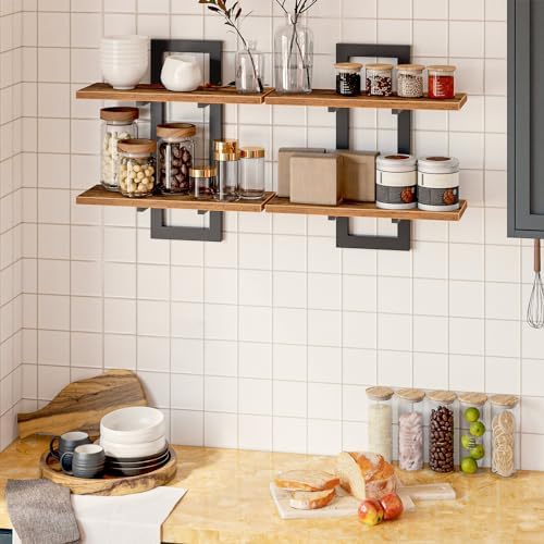 HOOBRO Floating Shelves 2-Tier Set of 2 Rustic Brown and Black