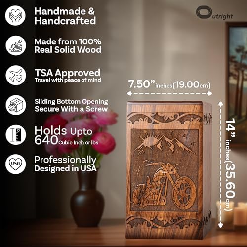 Handcarved Wooden Cremation Urn - Motorcycle Design 640lbs Capacity