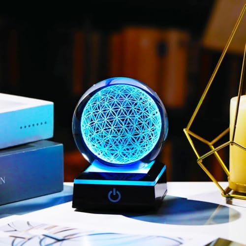 3D Flower of Life Crystal Ball with LED Base