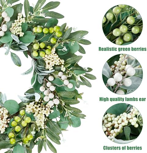 Sggvecsy 20 Inch Artificial Eucalyptus Wreath with Greenery and Berries