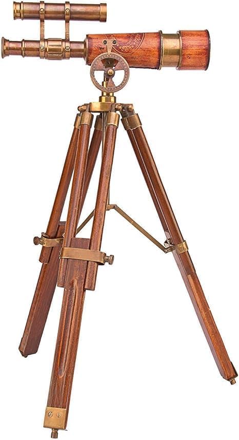V19 Antique Brass Leather Telescope with Wooden Stand