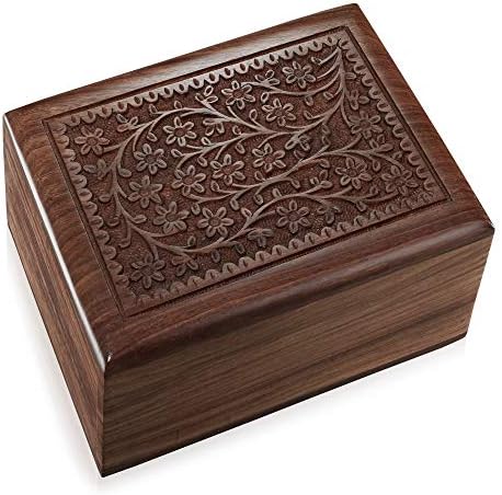 Reminded Rosewood Hand-Carved Floral Urn Box - Medium
