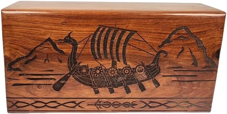 Handcrafted Wooden Cremation Urn with Viking Ship Design