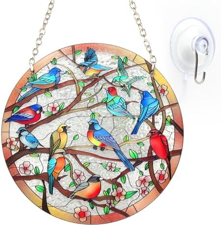 Stained Glass Window Hanging Suncatcher 6 Inch Birds on Branch