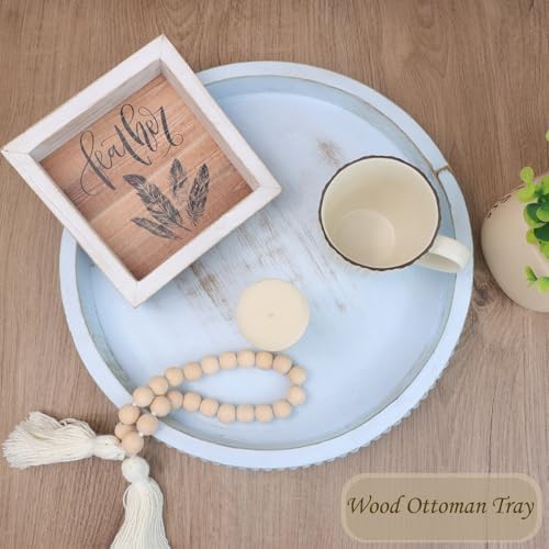 Round Wood Serving Tray with Beads and Blue Wash