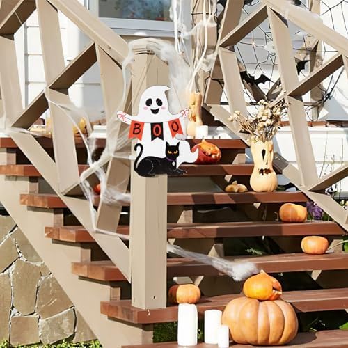 Halloween Wooden Ghost Door Wreath with BOO Sign