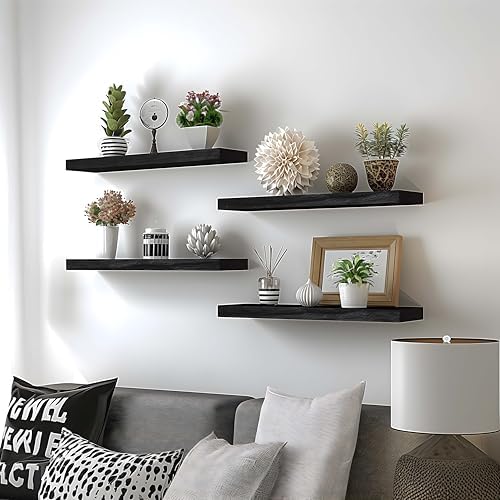 6 Piece Black Wood Floating Shelves for Wall