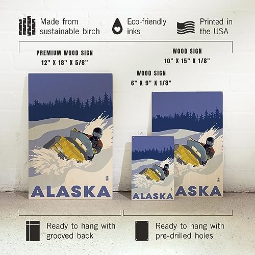 Lantern Press 12x18 Inch Premium Wood Sign Snowmobile Scene Alaska