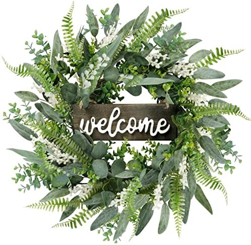Sggvecsy Green Artificial Wreath with Welcome Sign 20in Decor