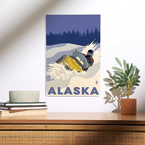 Lantern Press 12x18 Inch Premium Wood Sign Snowmobile Scene Alaska