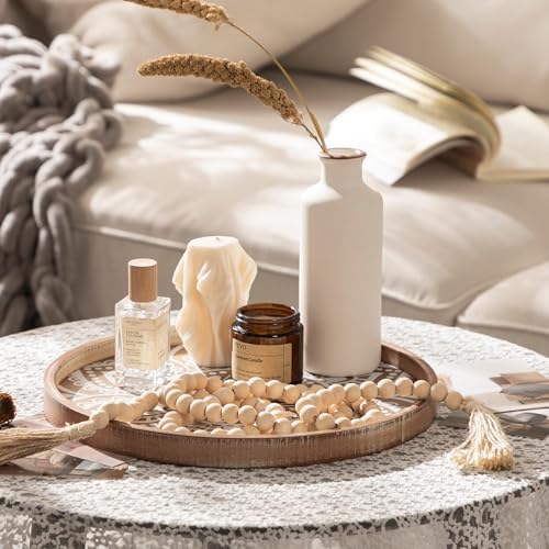 13 Inch Round Decorative Tray with Wooden Beads Garland