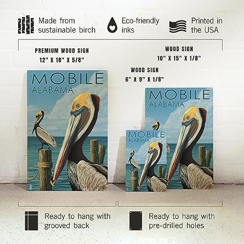 Lantern Press 12x18 Inch Premium Wood Sign Brown Pelican Mobile Alabama