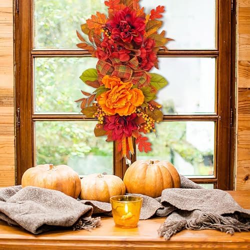 Artificial Peony Fall Decor Swag with Maple Leaves