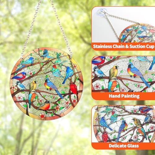 Stained Glass Window Hanging Suncatcher 6 Inch Birds on Branch