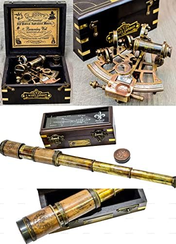 Sailors Art J Scout Nautical Sextant with Brass Telescope and Wooden Box