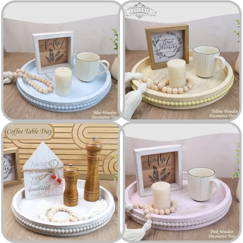 Round Wood Serving Tray with Beads and Blue Wash