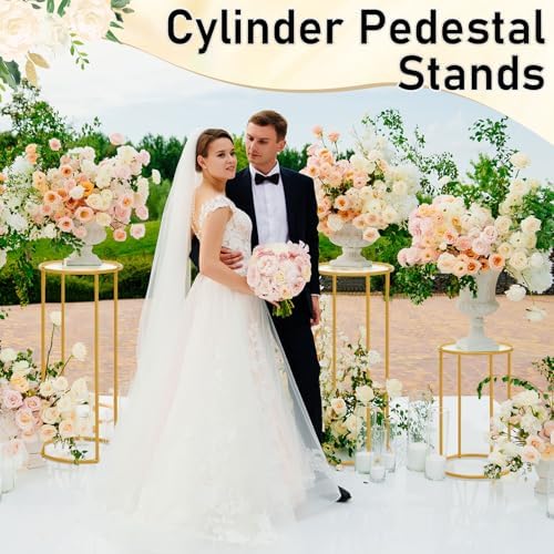 Hicarer 5 Pcs Gold Metal Cylinder Pedestal Stands