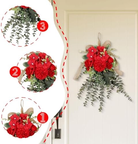 Red Artificial Floral Teardrop Swag Wreath