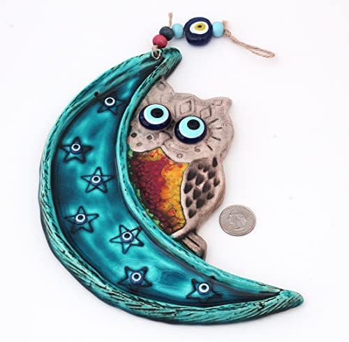 Handmade Ceramic Wall Art Owl Behind the Moon with Evil Eye