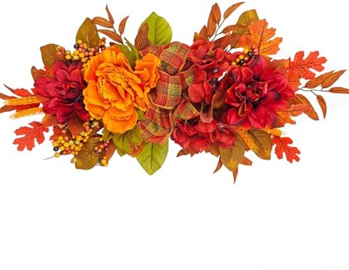 Artificial Peony Fall Decor Swag with Maple Leaves