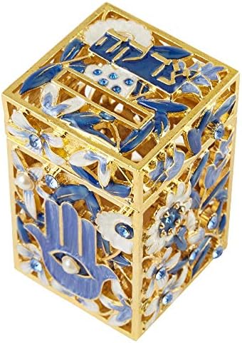 Matashi Hand Painted Enamel Tzedakah Box with Crystals and Gold Accents