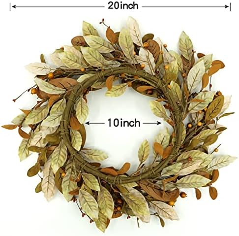 20 Inch Fall Wreath with Brown Magnolia Leaves and Small Pomegranates
