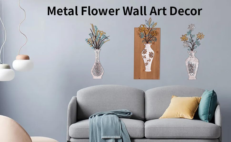 3pk Metal Wall Art Decor with Wooden Board