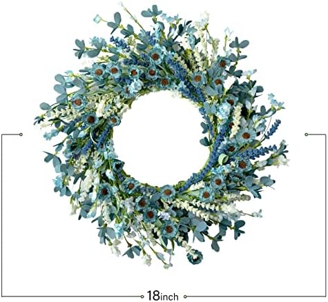 Bibelot 20 Inch Blue Daisy Spring Wreath with Green Leaves