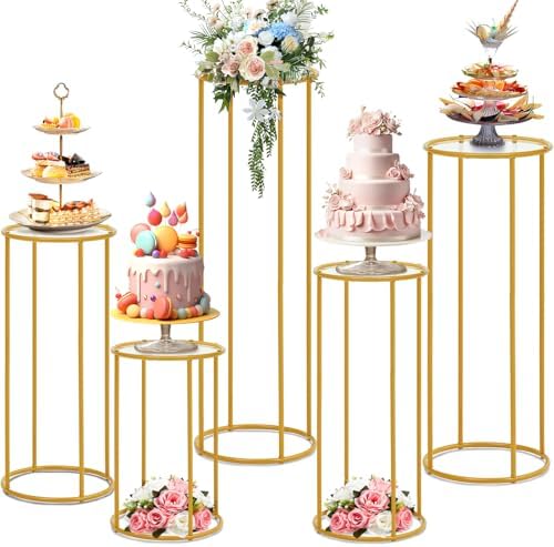 Hicarer 5 Pcs Gold Metal Cylinder Pedestal Stands