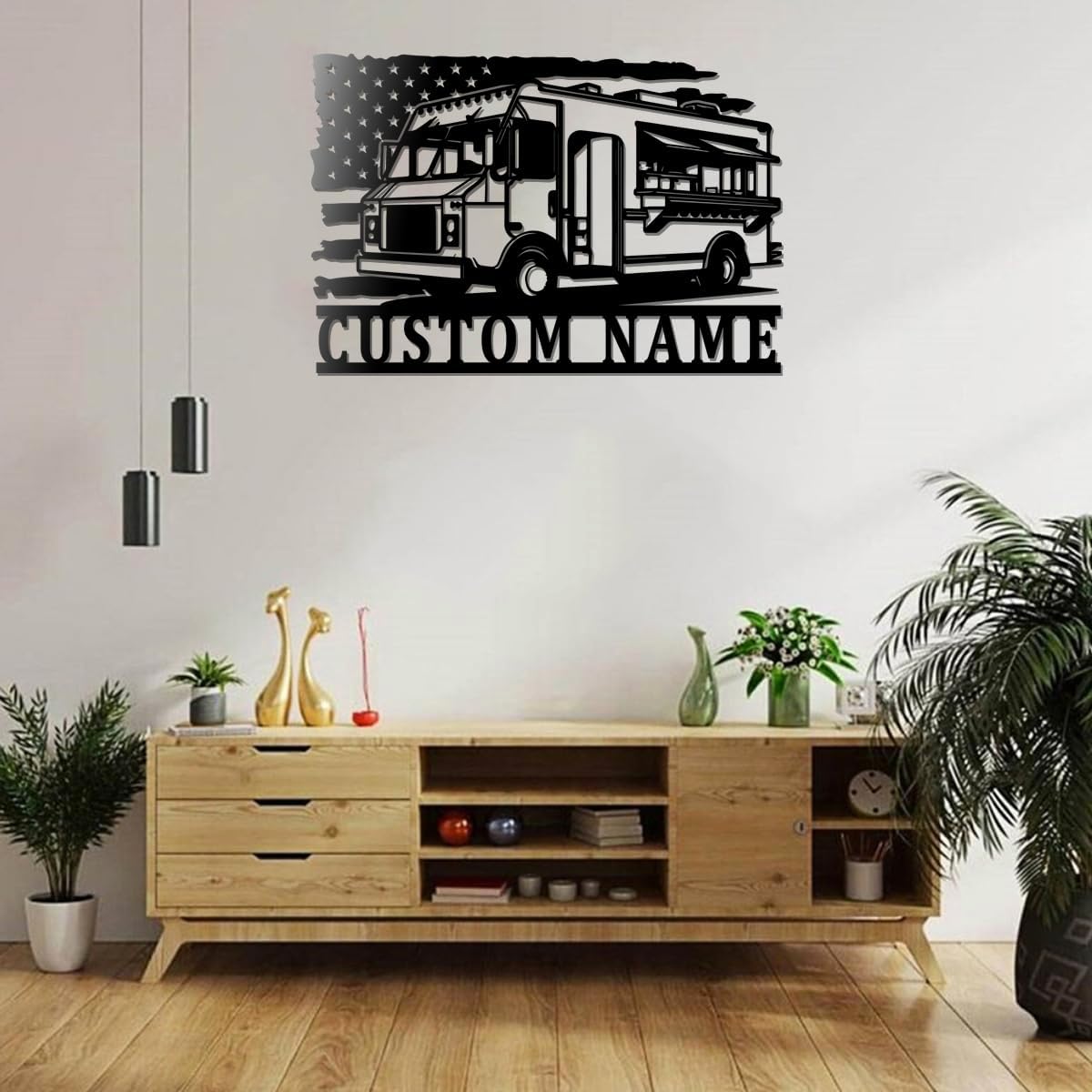 Custom Fast Food Truck US Flag Metal Wall Art Sign Without Lights