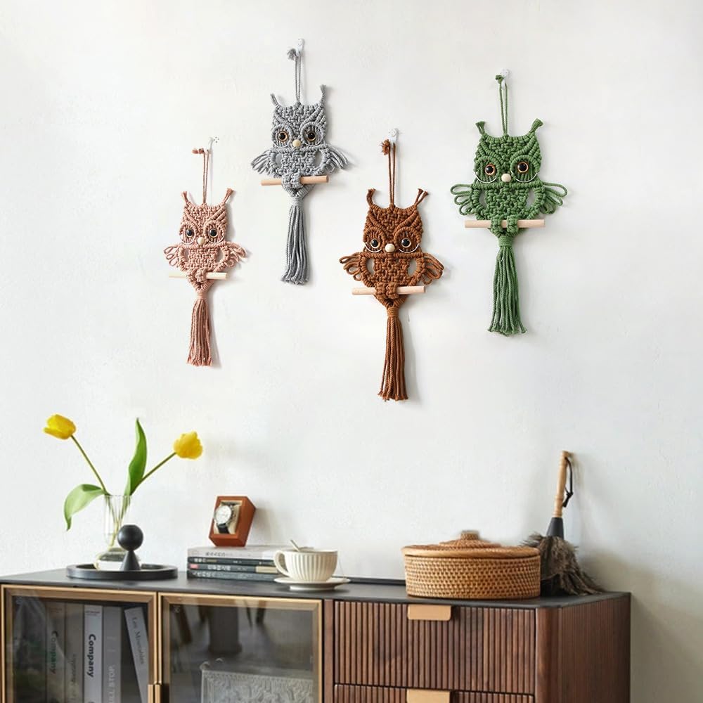 Handwoven Macrame Owl Wall Hanging in Green