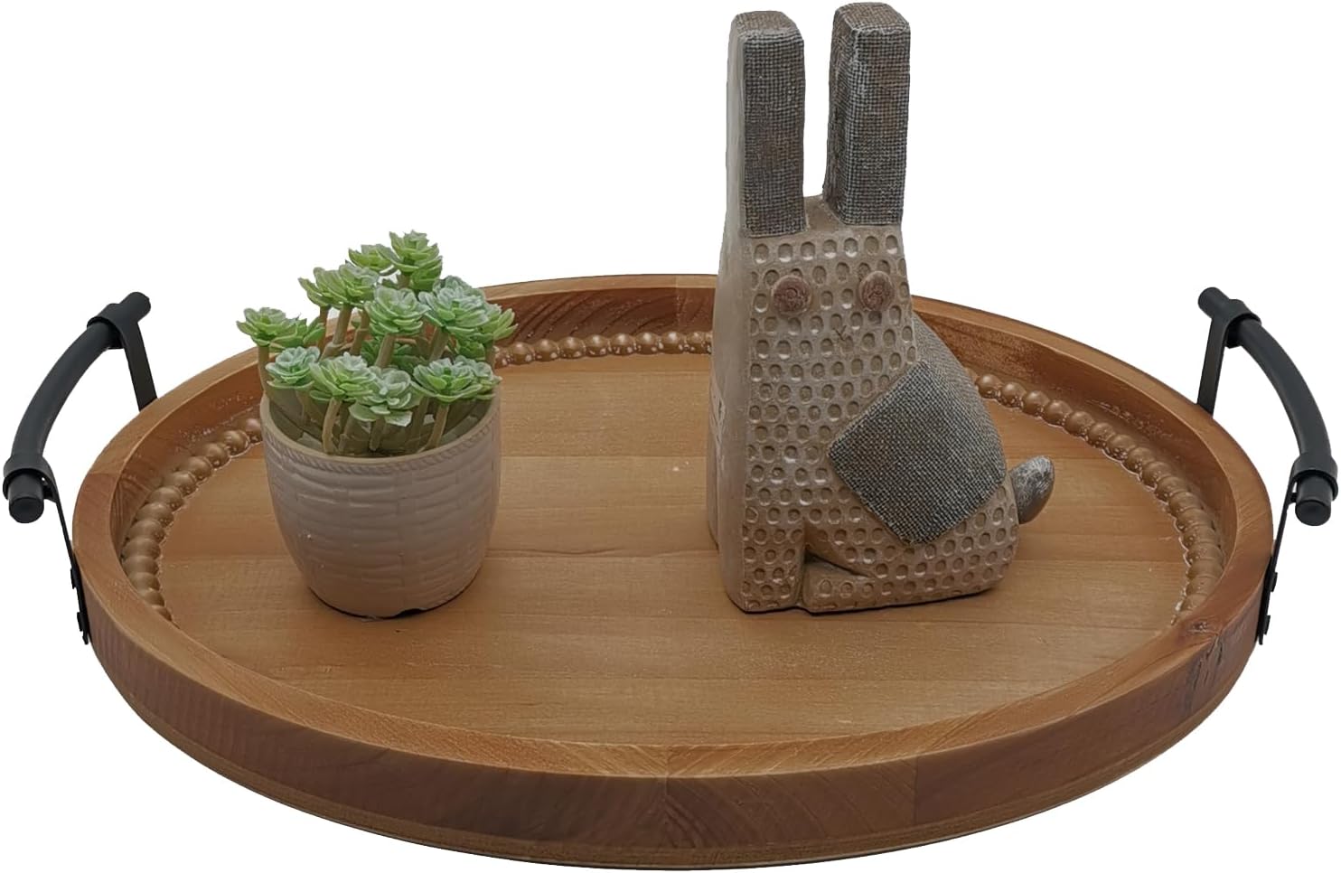 Oval Rustic Wooden Decorative Tray with Metal Handles